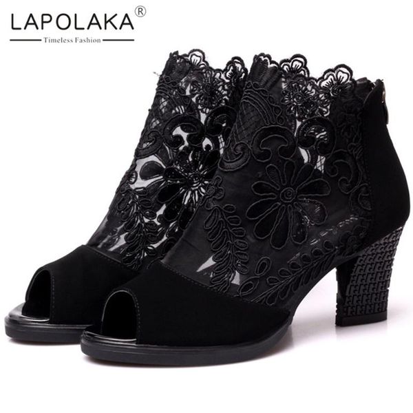 

boots lapolaka 2021 fashion design dropship chunky heels summer woman shoes peep toe zip up women lady footwear, Black