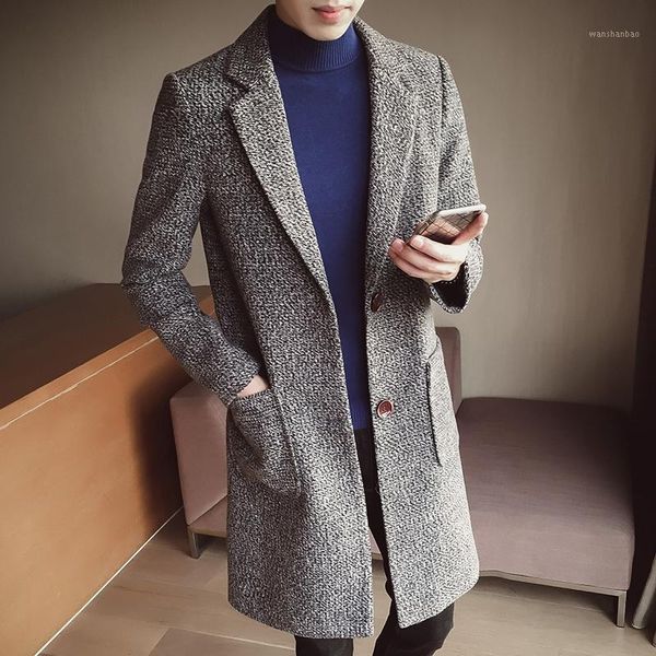 

2021 winter men long jacket windbreaker tide men's wear woolen leisure time self-cultivation coat manteau homme hiver1, Black