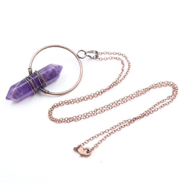 

yjxp hexagon column round shape pendants necklaces natural stones crystal handmade wire wrap vintage copper jewelry making 1 pcs, Silver