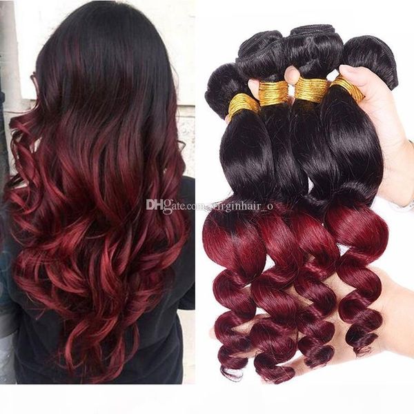 

9a indian human hair weaves burgundy ombre loose wave 4 bundles two tone 1b 99j red wine ombre wavy virgin hair weft extensions, Black