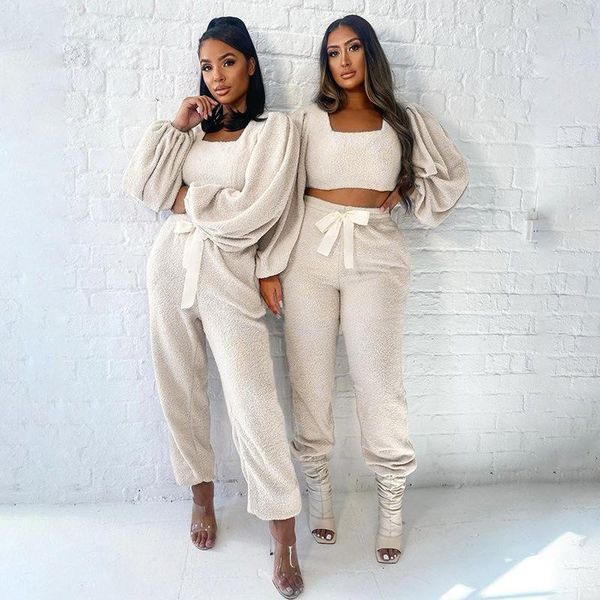 

women's tracksuits 2021 autumn and winter suit fashion square neck plush long-sleeved trousers set, Gray