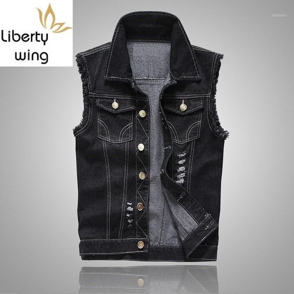 

men's vests mens fashion summer slim fit distressed sleeveless gilet homme korean style casual biker man denim vest1, Black;white