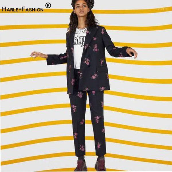 

women's two piece pants european and american black embroidered loose women suits blazer with fashoin notched doubie breasted autumn1, White