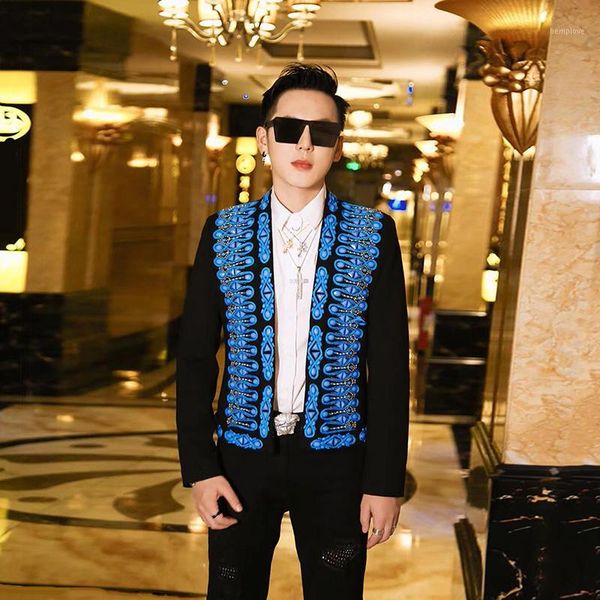

male suit blazer concert stage costume bar singer casual coat handmade costume blue crystals beading mens dj jacket court dress1, White;black