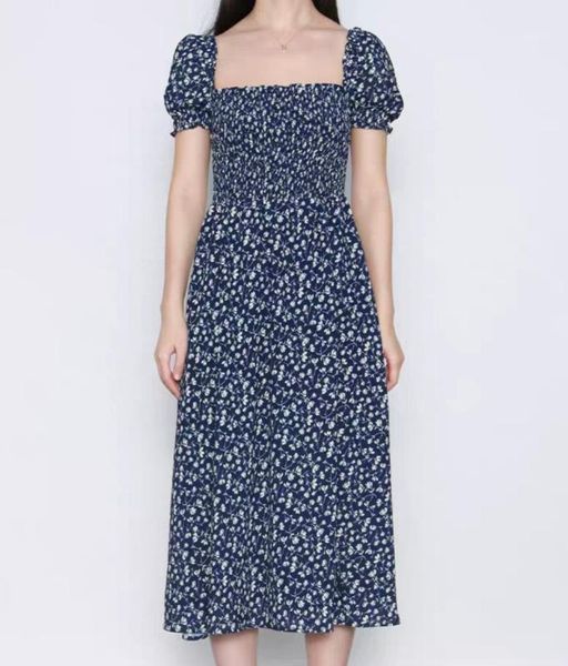 

square collar puff sleeve split women dress retro floral print elastic high waist lady midi dress1, White;black