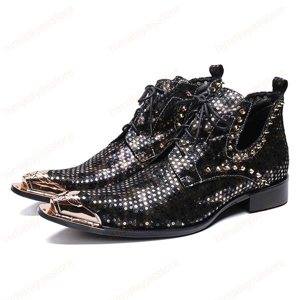 Neue stilvolle Herren-Metall-High-Top-Schuhe mit spitzen Zehen und Nietenschuhen aus echtem Leder für Herren