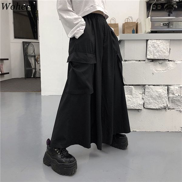 Harajuku streetwear calças de carga coreano mulheres homem verão hip hop harem calças largas quimono japão solta calças pretas lj201030