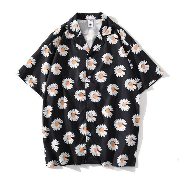 

2020 летняя ромашка полная напечатанная с короткими рукавами рубашки цветочные моды корейская уличная одежда хип-хоп гавайские пляжные повсе, White;black