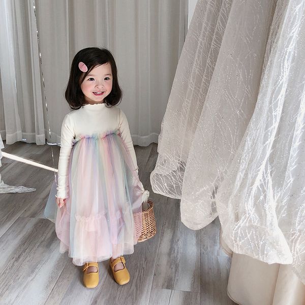 Мода маленькая принцесса радуга сетки длинное платье детские девушки сладкие с длинным рукавом платья для вечеринок бальное платье lj200923