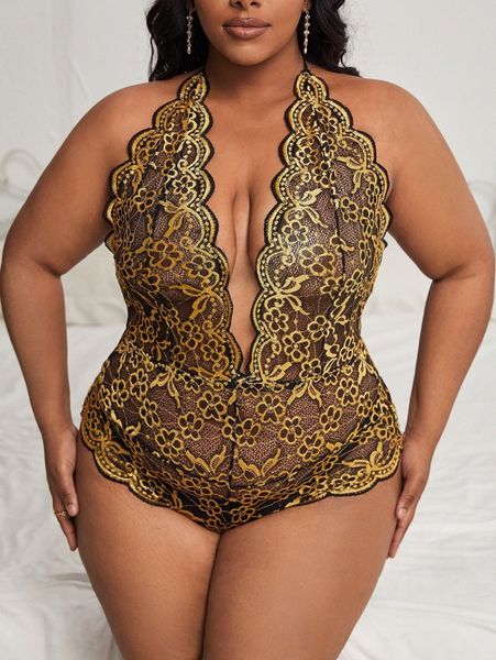 

plus floral lace scallop trim halter teddy bodysuit k0px#, Black;white