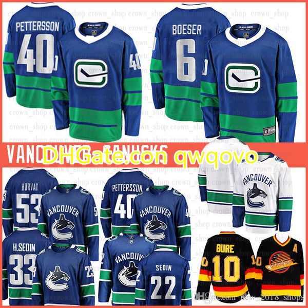 

10 pavel bure 2020 vancouver 22 daniel sedin canucks hockey jerseys 33 henrik sedin 53 bo horvat 6 brock boeser elias pettersson jerseys, Black;red