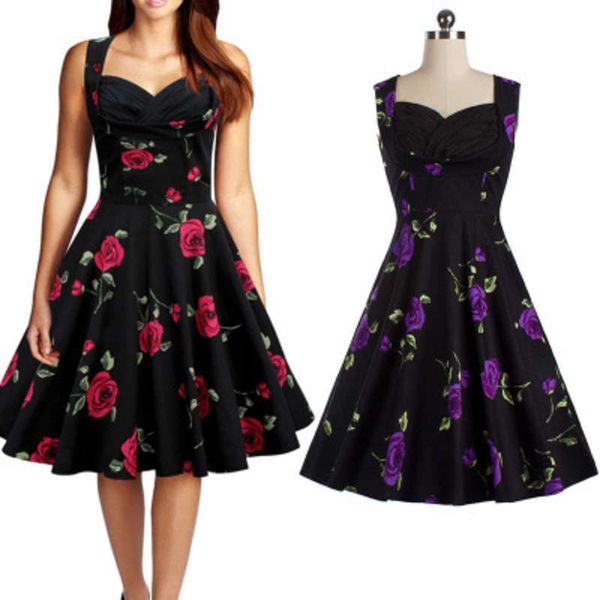 

new style print sleeveless swing dress a-line skirt, Black;gray