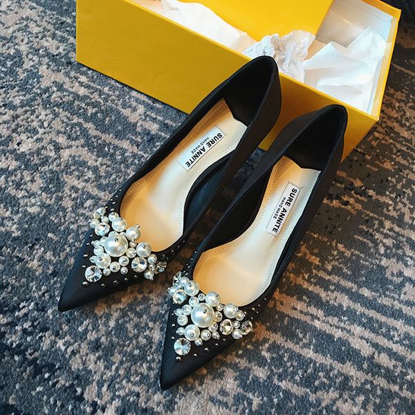 

fashion fret black satin pearls finger point shoes high heels bombs lady t49s