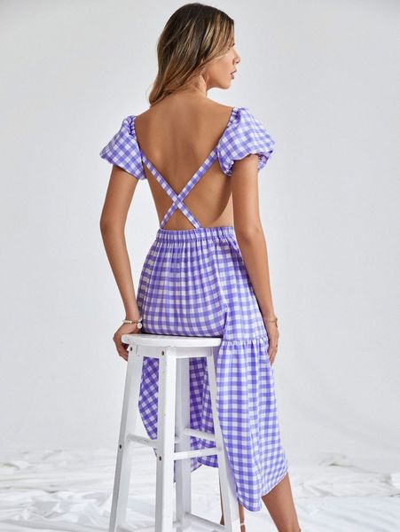 

puff sleeve crisscross open back ruffle hem gingham dress n4gb#, Black;gray