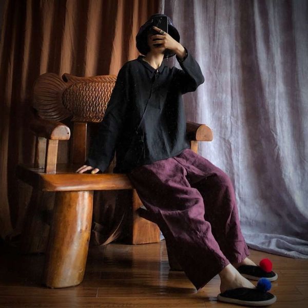 

2020 luoguni washed pure linen improved small lapel chine shirt 1662 black, White