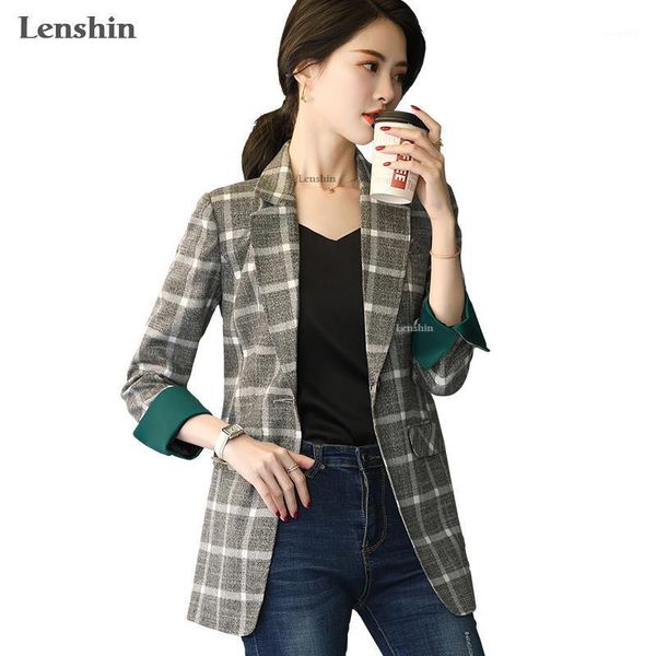 

lenshin soft and comfortable high-quality plaid jacket with pocket office lady casual blazer women wear single button coat1, White;black