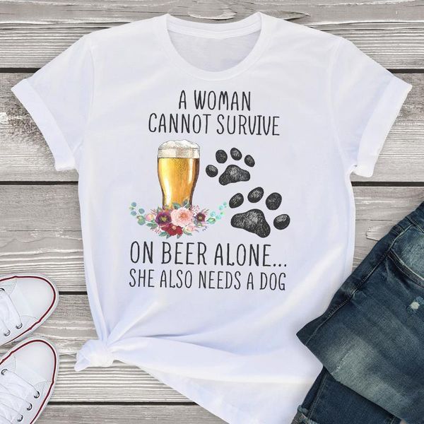 

women graphic short sleeve cartoon dog beer flower animal cartoon summer shirt tees clothing female t shirt womens t-shirt, White