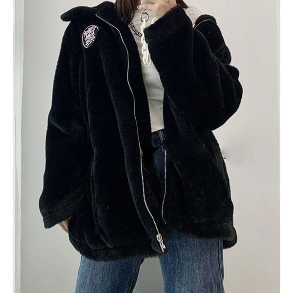 

women's fur & faux black long jacket 2021 winter thick warm coat women zipper-up lapel collar cotton padded plus size