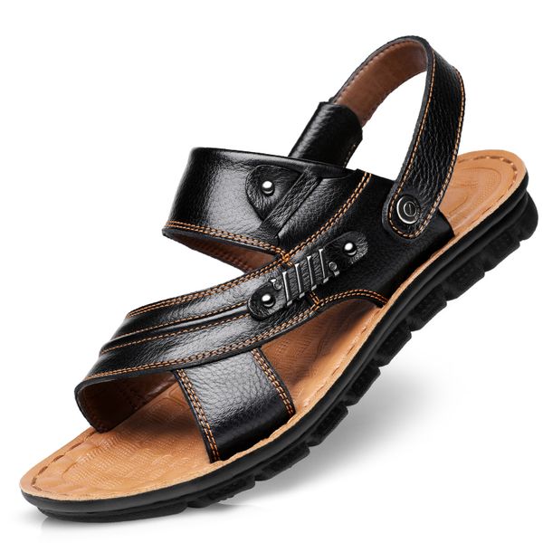

style casual british men summer genuine leather beach shoes soft flip flop sole outdoor sandals i31e, Black