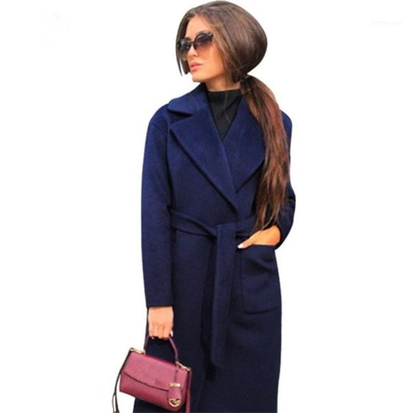 

new arrival elegant long women's coat lapel 2 pockets belted jackets solid color coats female outerwear1, Black