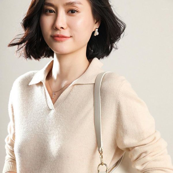 

sparsil women 100% wool sweater turn-down collar knitted pullovers solid color cashmere soft knitwear slim style v-neck jumpers1, White;black