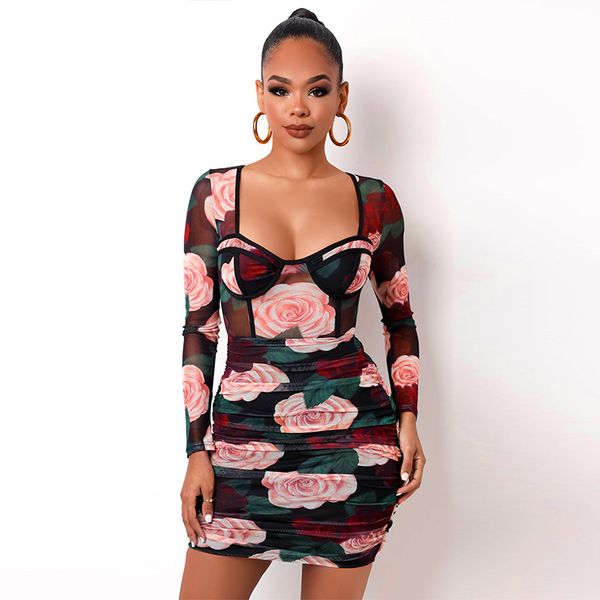 

women casual dresses floral print patchwork lady long sleeve mini dress ruched bodycon streetwear club elegant slim dress, Black;gray
