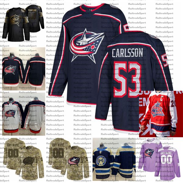 

2021 reverse retro customize #53 gabriel carlsson columbus blue jackets jerseys golden edition camo veterans day fights cancer hockey jersey, Black;red