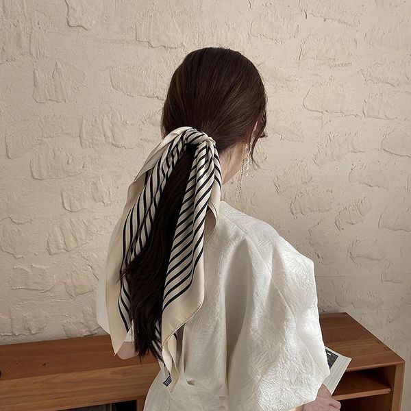 

scarves aomu 2021 korean simple black white square striped silk scarf cravat geometric pattern shawl headband for women elegant gift, Blue;gray