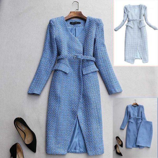 

small fragrance tweed woolen coat women autumn winter fashion v-neck slim long coat1, Black