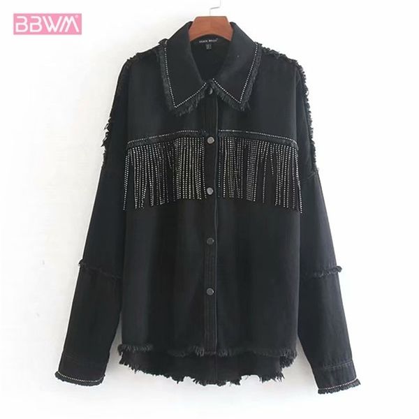 

army green lapel stylish oversized beading decorate denim women jacket tassel long sleeve coat female outwear loose black lj201021, Black;brown