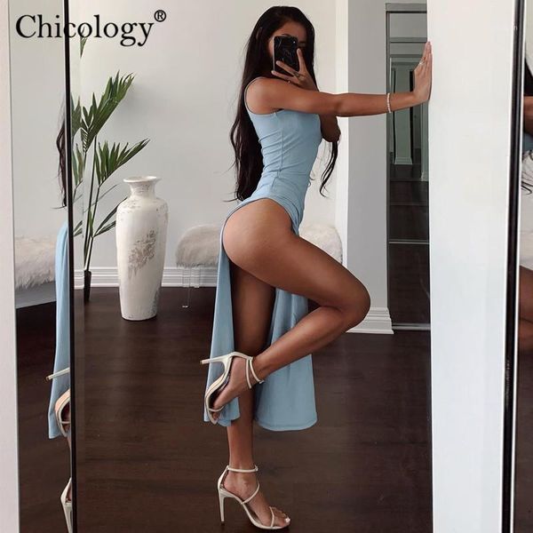 

casual dresses chicology side split one shoulder madi dress knit sleeveless bodycon party elegant women 2021 summer autumn club clothes, Black;gray