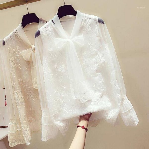

camisa de mujer blusa de mujer fashion women long sleeve floral lace bow v-neck casual ladies solid shirts blusa feminina1, White