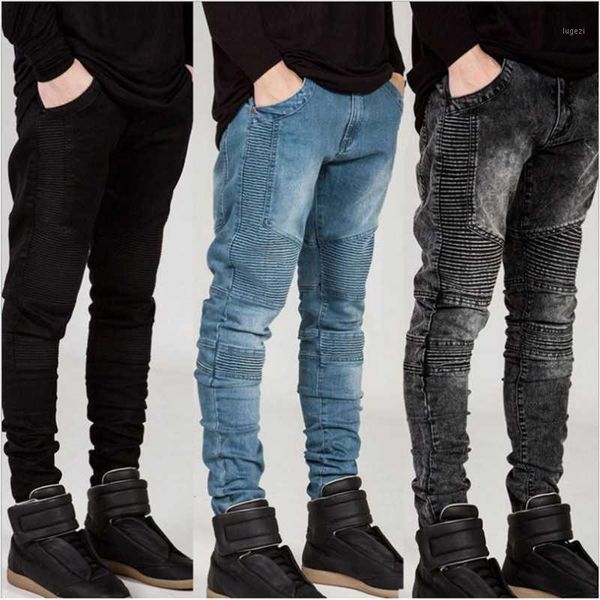 

european american fashion folds slim fit jeans men jeans runway slim moto& biker fashion hiphop skinny for men1, Blue