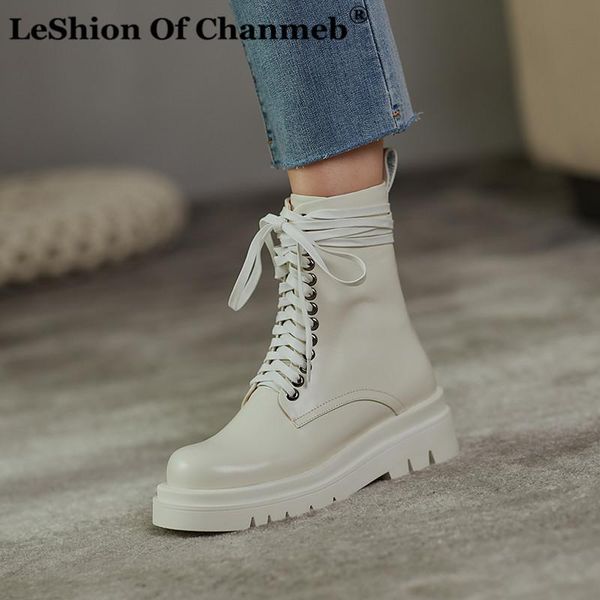

boots plus size 34-43 natural cow leather woman platforms chunky thick motorcycle boot women's white lace up autumn winter shoes, Black