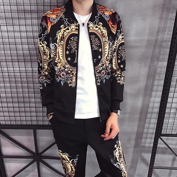 

autumn men's sports 2-piece gold print jacket + pant tracksuit suit 2020 new men sportswear hombre men's casual printing suit, Gray