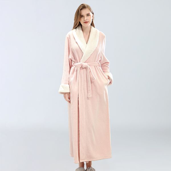 

2021 new plus size women winter long nightgowns solid female flannel bath robes thicken v neck ankle length with sashes sleepwear 4zqe, Black;red