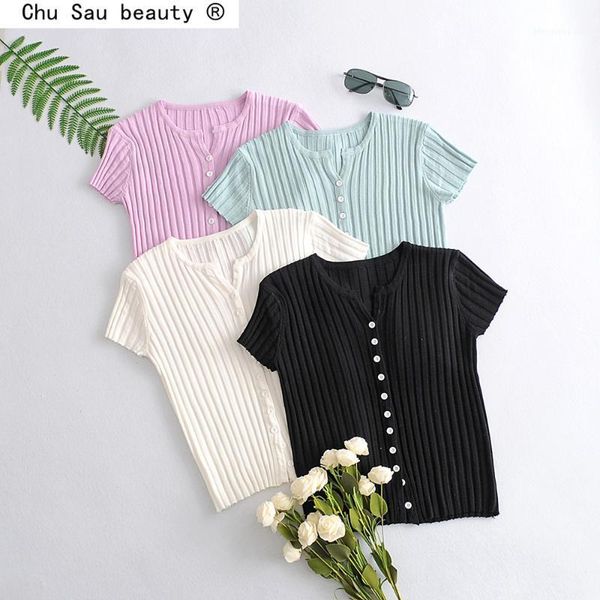 

chu sau beauty new fashion casual 4 color knitted women summer o-neck t-shirts chic single-breasted slim knit cardigans1, White