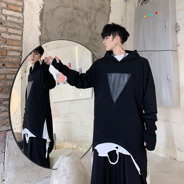 

m-xldark personality tide brand hair trend irregular jacket handsome student head hooded men's long coat., Black