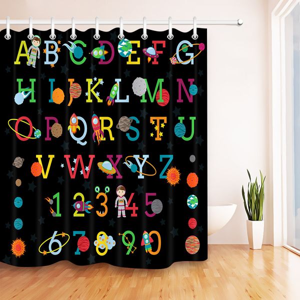 

lb 72space alphabet black shower curtains planets sun moon bathroom curtain waterproof polyester fabric for kids bathtub decor
