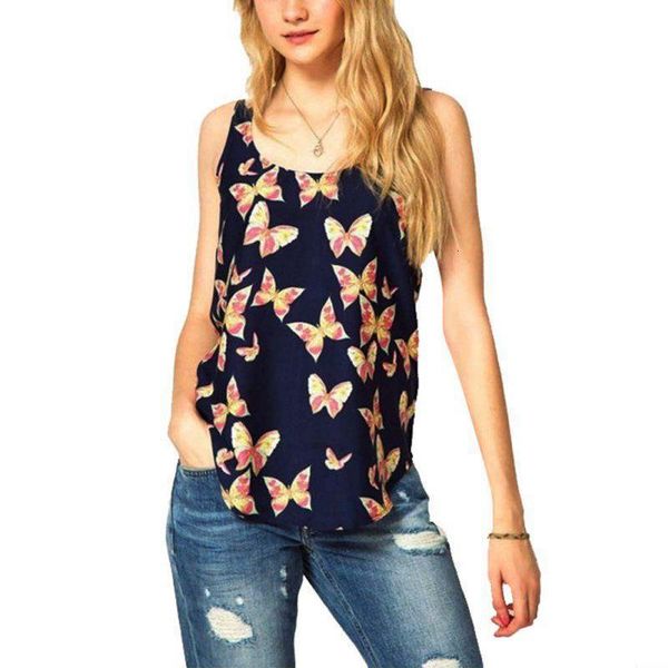 

women loose sleeveless t-shirt summer butterfly print girls crew neck black tees sleeveless casual drop shipping, White