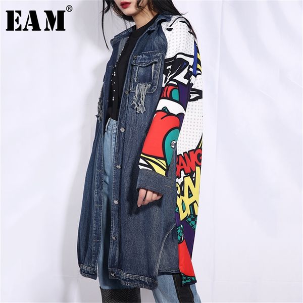 

[eam] 2020 new spring autumn lapel long sleeve blue pattern printed loose denim big size jacket women coat fashion tide lj200813, Black;brown