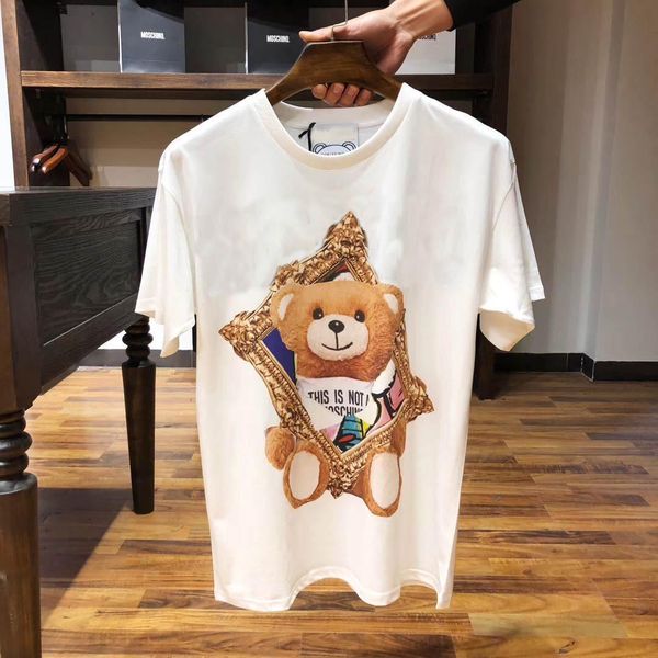 

spring and summer picture frame bear monogrammed shirt loose-fitting round neck t-shirt women and men, White