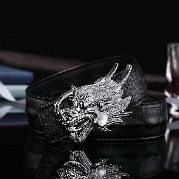 

2019 designer belts men smooth buckle crocodile leather waist belt chinese dragon ceinture homme, Black;brown