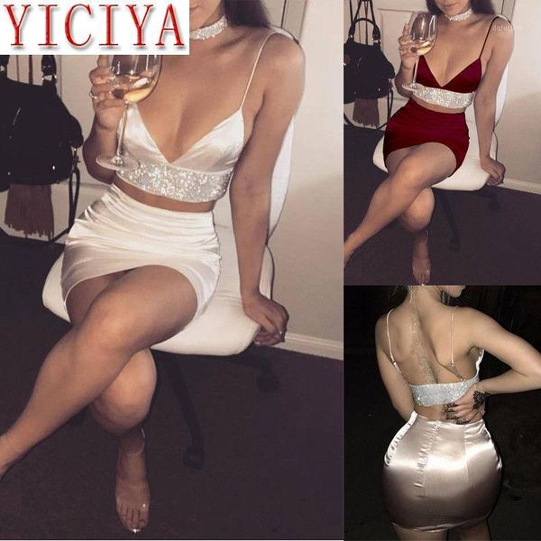 

mini summer dress 2020 women 2 piece set dresses bodycon skirt outfit dark v neck crop bandage sling evening party1, White