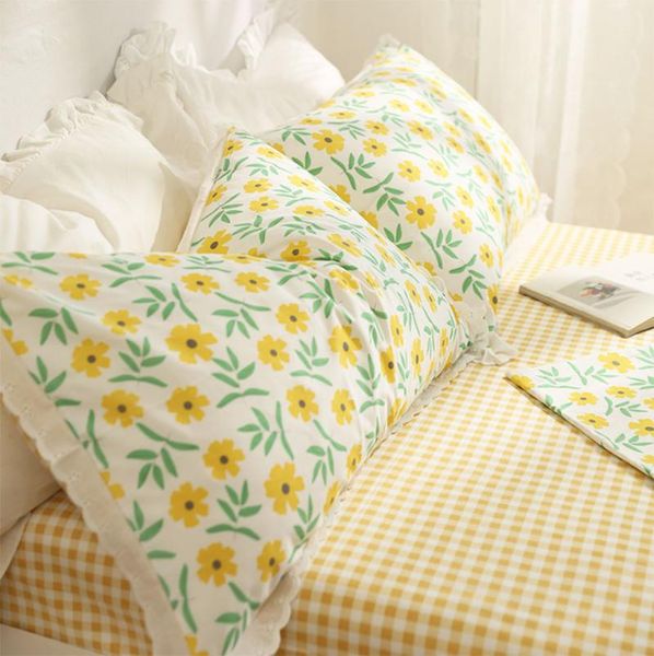 

bedding sets cute yellow flower plaid set teen,cotton full  king pastoral double home textile bed sheet pillow case duvet cover