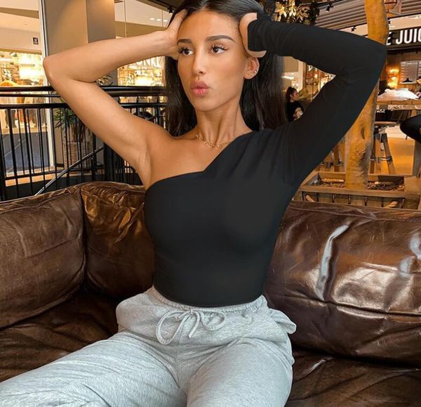 

women's t-shirt autumn one-shoulder long-sleeved fashion women, White