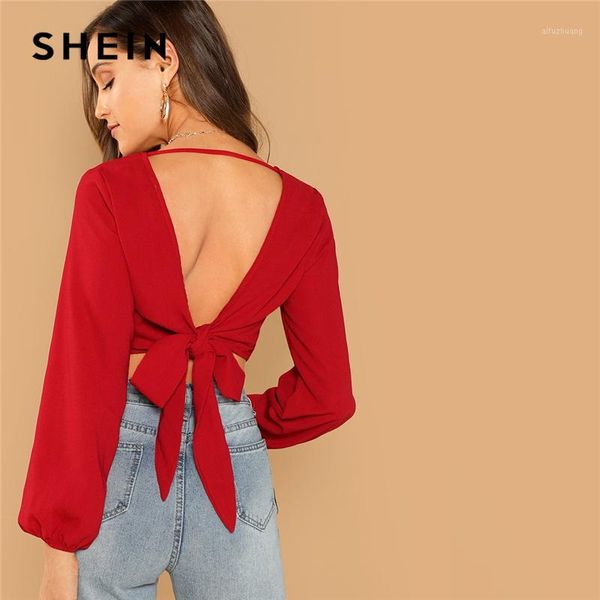 

shein red night out bishop sleeve backless knot v-back wrap crop slim fit pullovers women autumn modern lady blouses1, White