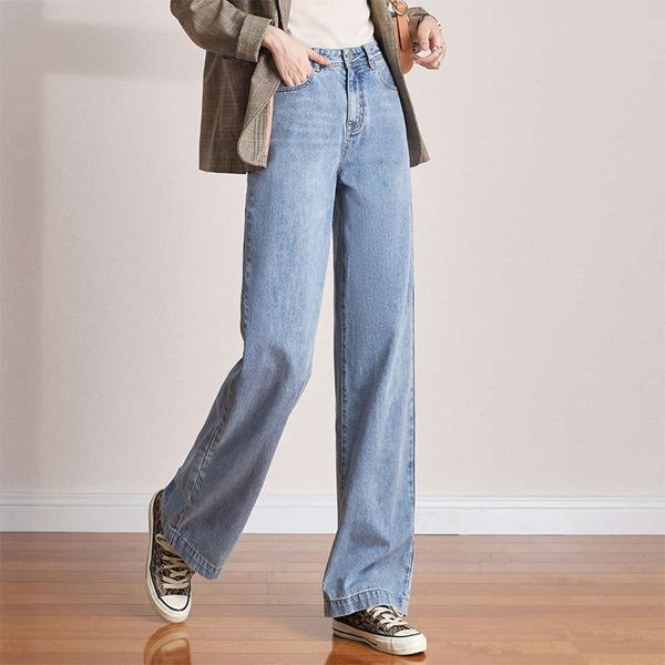 

johnswig net red elegant loose wide leg floor pants high waist women's jeans, Blue