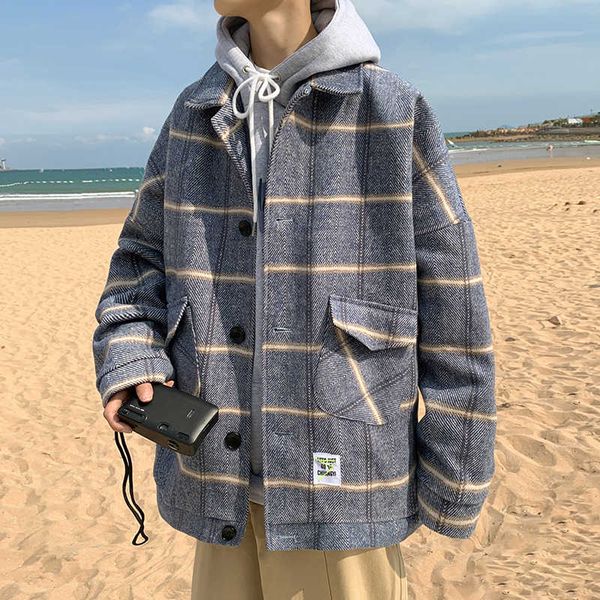 

autumn and winter jacket short woolen tweed coat check korean windbreaker men's fashion, Black;brown