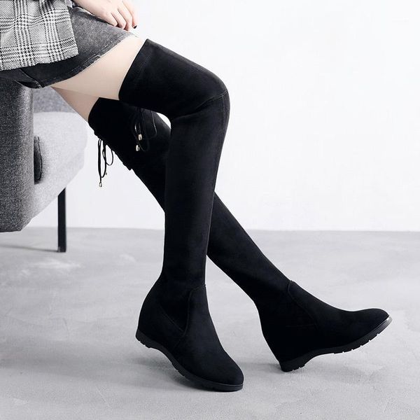 

autumn winter bandage height increase over the knee boots 2020 stretch platform boots women thigh high ladies1, Black